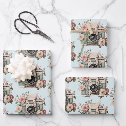 Kamera mit Blumen Retro Pastell Bild Muster Geschenkpapier Set (Vorderseite)