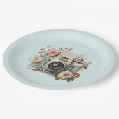 Kamera mit Blumen Retro Pastell Bild Pappteller (Schrägansicht)