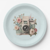 Kamera mit Blumen Retro Pastell Bild Pappteller (Vorderseite)