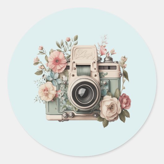 Kamera mit Blumen Retro Pastell Bild Runder Aufkleber (Vorderseite)