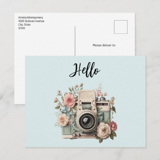 Kamera mit Blumen Retro Pastell Hallo Postkarte (Vorne/Hinten)