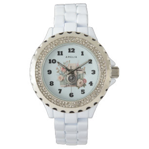 Kamera mit Retro-Pastell-Blumenbild Armbanduhr