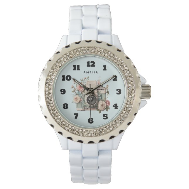 Kamera mit Retro-Pastell-Blumenbild Armbanduhr (Vorderseite)