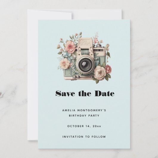 Kamera mit Retro-Pastell-Blumenbild Save The Date (Vorderseite)