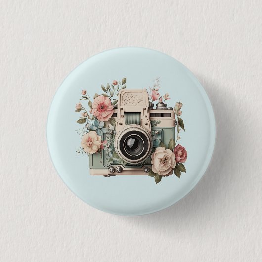 Kamera mit Retro-Pastellbild Blumen Button (Vorderseite)