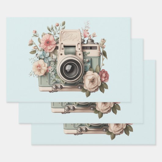 Kamera mit Retro-Pastellbild Blumen Geschenkpapier Set (Set)