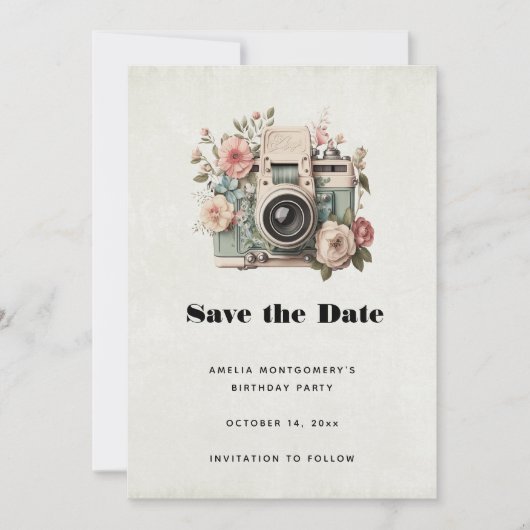 Kamera mit Retro-Pastellbild Blumen Save The Date (Vorderseite)
