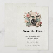 Kamera mit Retro-Pastellbild Blumen Save The Date (Vorne/Hinten)