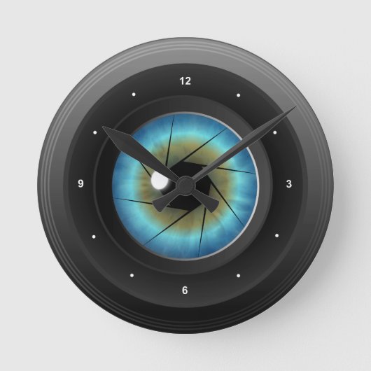 Kameraobjektiv mit blaues Augen-mittlerer runder Runde Wanduhr (Vorderseite)