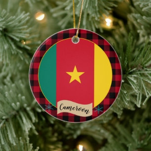 Kamerun, Roter Büffel, kariert und Kamerun-Flagge Keramik Ornament