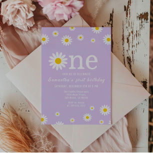 Kamille Blumen Aquarell Lila Erster Geburtstag Einladung