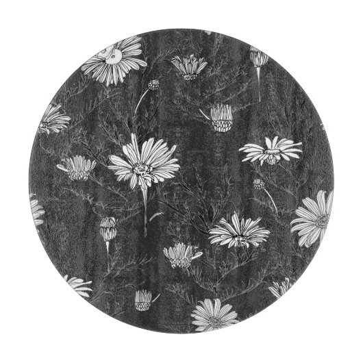 Kamille schwarzer Pen: Blumenmuster. Schneidebrett (Vorderseite)