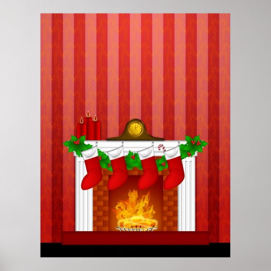 Kamin mit Weihnachtsdekorationen Rotes Tapete Poster (Vorne)