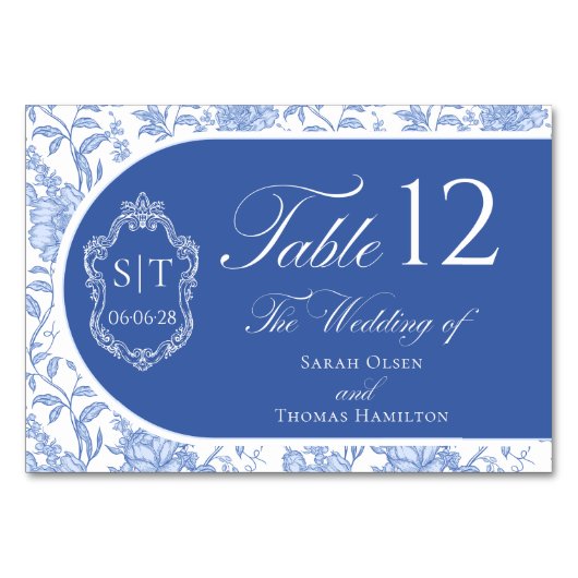 Kamm-Monogramm Delft Blau Floral Schrift Tischnummer (Vorderseite)
