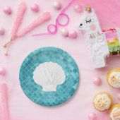 Kamm-Muschel-Muschel-Monogramm-Aqua-Seeglas Pappteller (Party)