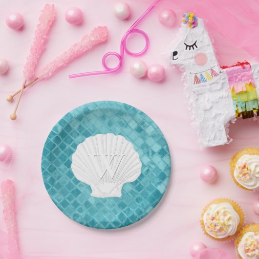 Kamm-Muschel-Muschel-Monogramm-Aqua-Seeglas Pappteller (Party)