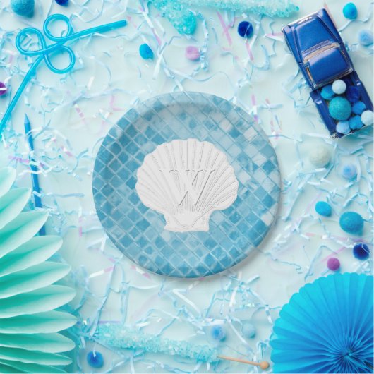 Kamm-Muschel-Muschel-Monogramm-blaues Seeglas Pappteller (Party)