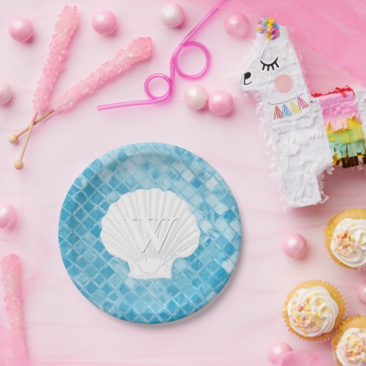 Kamm-Muschel-Muschel-Monogramm-blaues Seeglas Pappteller (Party)