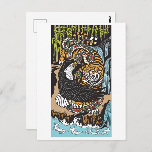 Kampf Tiger, Adler und Schlange. Grafik Postkarte (Vorne/Hinten)