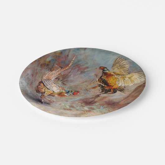 Kämpfen mit zwei männliches Ringhals Fasanen Pappteller (Schrägansicht)