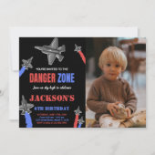 Kämpfer Jet Birthday Black Blue Grey w Foto Einladung (Vorderseite)