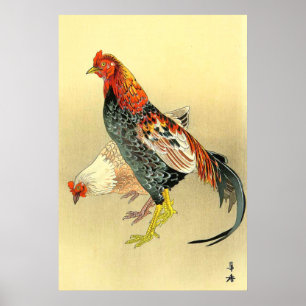 Kampfhahn und Henne Tsuji Kako 1900-1910er Poster