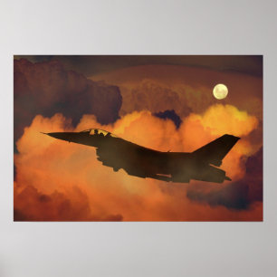 Kampfjet F-16 Nachthimmel Mond Wolken Poster