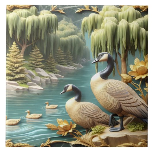 Kanada Gänse inmitten der weinenden Willows Fliese (Vorderseite)