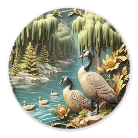 Kanada Gänse inmitten der weinenden Willows Keramikknauf (Vorderseite)