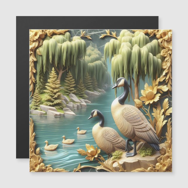 Kanada Gänse inmitten der weinenden Willows Magnetkarte (Vorne/Hinten)