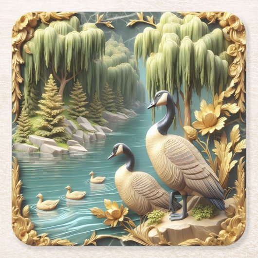 Kanada Gänse inmitten der weinenden Willows Rechteckiger Pappuntersetzer (Vorderseite)