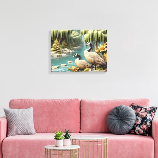 Kanada Geese inmitten der weinenden Willows 16x12 Leinwanddruck (Insitu (Wohnzimmer))