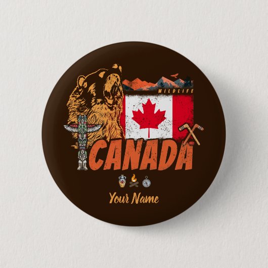 Kanada Vintage Flagge und Grizzlybären Urlaub Button (Vorderseite)