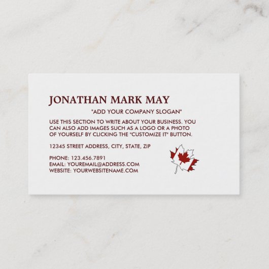 kanadische Ahornblätterflagge, Kanada Visitenkarte (Rückseite)