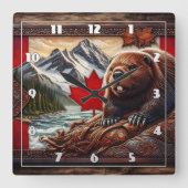 Kanadische Landschaft mit Biber- und Ahornblättern Quadratische Wanduhr (Vorderseite)