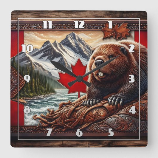 Kanadische Landschaft mit Biber- und Ahornblättern Quadratische Wanduhr (Vorderseite)
