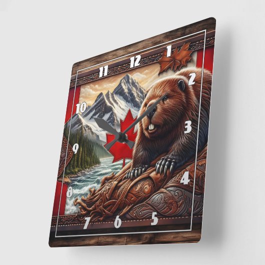 Kanadische Landschaft mit Biber- und Ahornblättern Quadratische Wanduhr (Winkel)