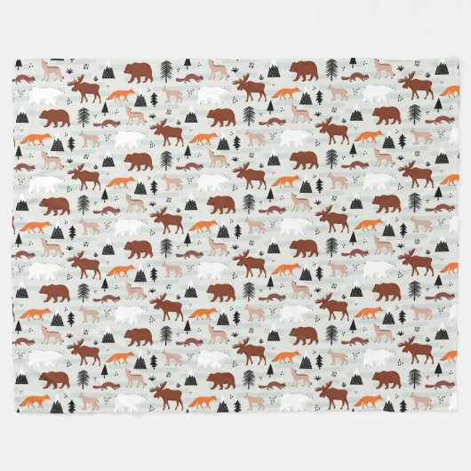 Kanadische Wildtiere Muster Elche Bären Fox Wolf Fleecedecke (Vorderseite (Horizontal))