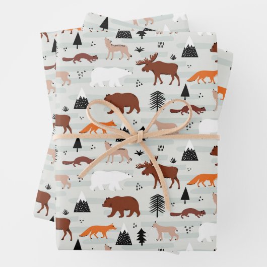 Kanadische Wildtiere Muster Elche Bären Fox Wolf Geschenkpapier Set (Beispiel)