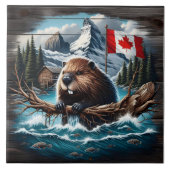 Kanadischer Biber am See Mit Bergen und Flagge Fliese (Vorderseite)