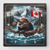 Kanadischer Biber am See Mit Bergen und Flagge Quadratische Wanduhr (Vorderseite)