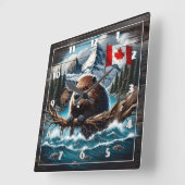 Kanadischer Biber am See Mit Bergen und Flagge Quadratische Wanduhr (Winkel)