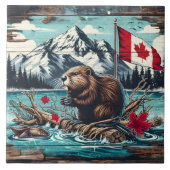 Kanadischer Biber am See mit Bergkulisse Fliese (Vorderseite)