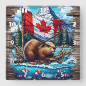 Kanadischer Biber am See mit kanadischer Flagge Quadratische Wanduhr (Vorderseite)