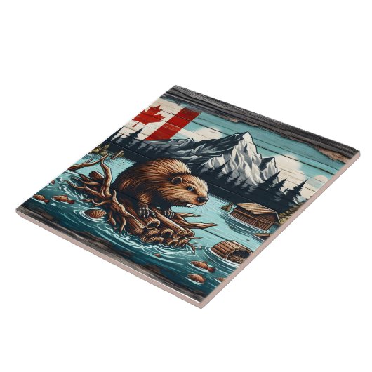 Kanadischer Biber auf einem Rundgang durch den See Fliese (Seite)