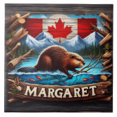 Kanadischer Biber Baden in der Nähe von Bergen und Fliese (Vorderseite)