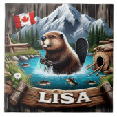 Kanadischer Biber Der nahe Berg in einem See Fliese (Vorderseite)