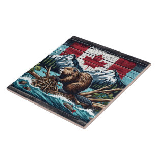 Kanadischer Biber durch Fahne und Gebirge Fliese