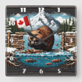 Kanadischer Biber, Flagge, Berg, Ozean Quadratische Wanduhr (Vorderseite)