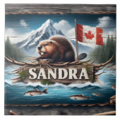 Kanadischer Biber im Landschaftlichen Fluss mit Fl Fliese (Vorderseite)